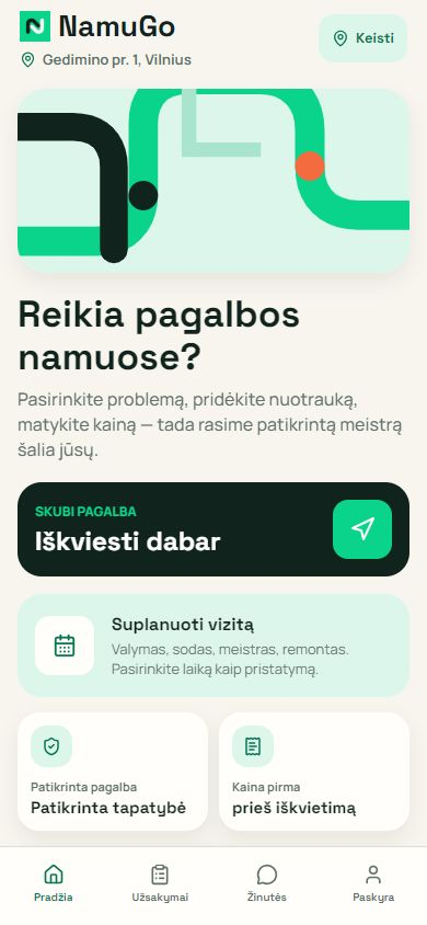 Tikras NamuGo programėlės pradžios ekranas