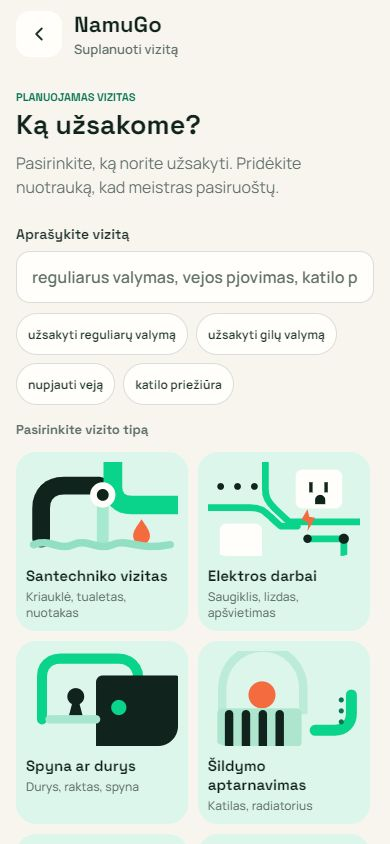 Tikras NamuGo programėlės užduoties pasirinkimo ekranas